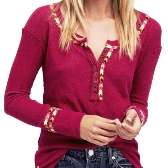 Free People Tops - FREE PEOPLE x WE THE FREE Pink Waffle Knit Rainbow Embroidered Top